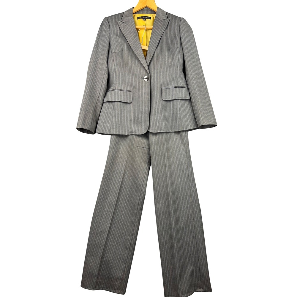 Anne Klein Suit Women 6 Pinstripe Gray Wool Blend Blazer Pants Set Professional